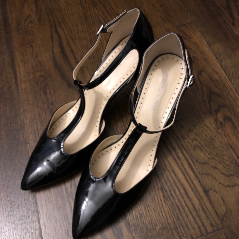 Patent black leather T-strap heel